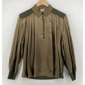 MONDRIAN Blouse 40 Silk Satin Wool Blend Knit Back Pleated Popover Green